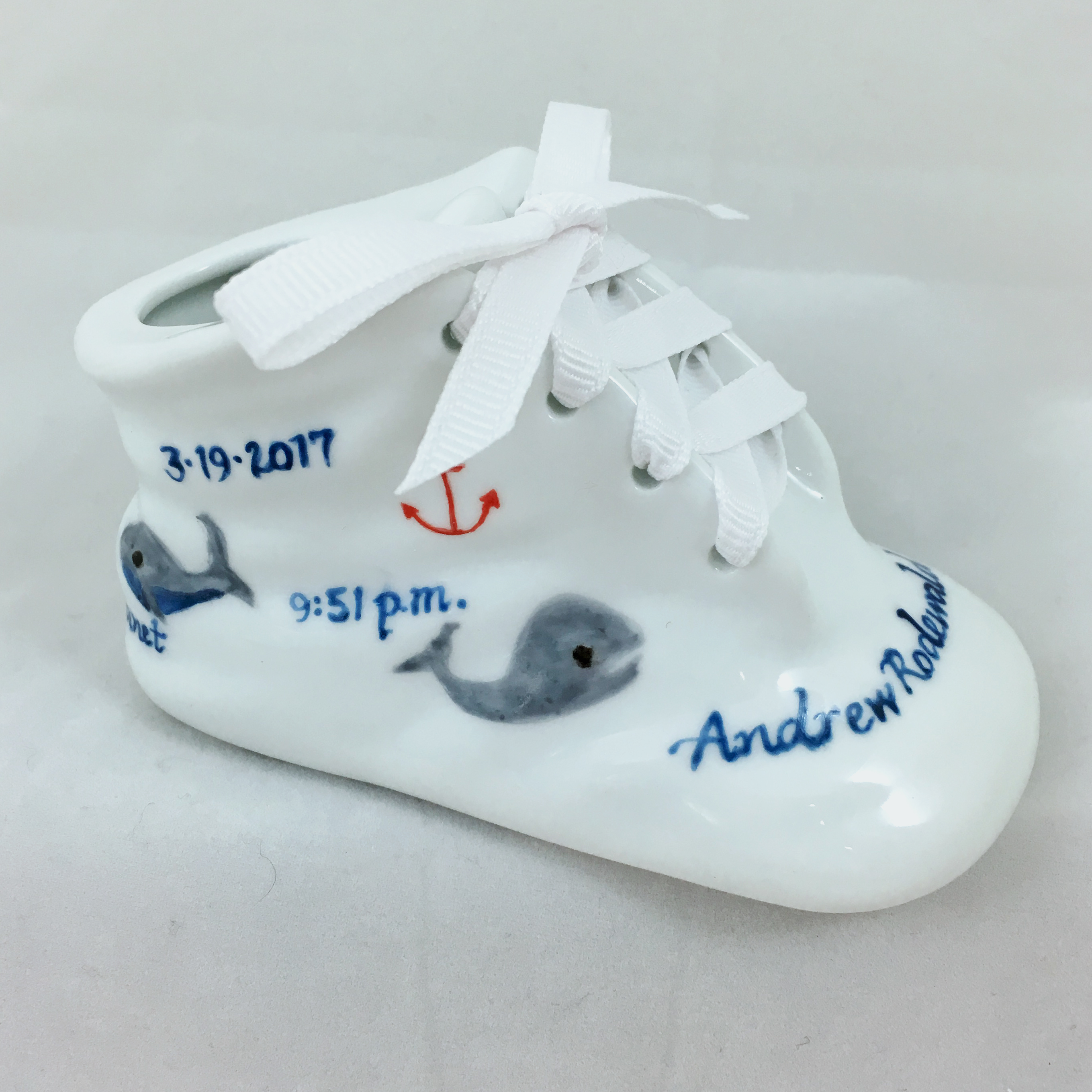 Hand Painted Personalized baby shoes in porcelain