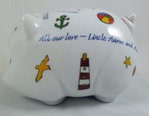 Celebrate Life 18 hand painted & personalized piggy bank of porcelain