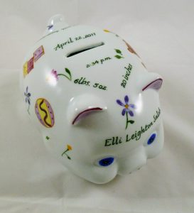 Celebrate Life 18 hand painted & personalized piggy bank of porcelain