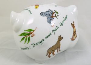 Celebrate Life 18 hand painted & personalized piggy bank of porcelain