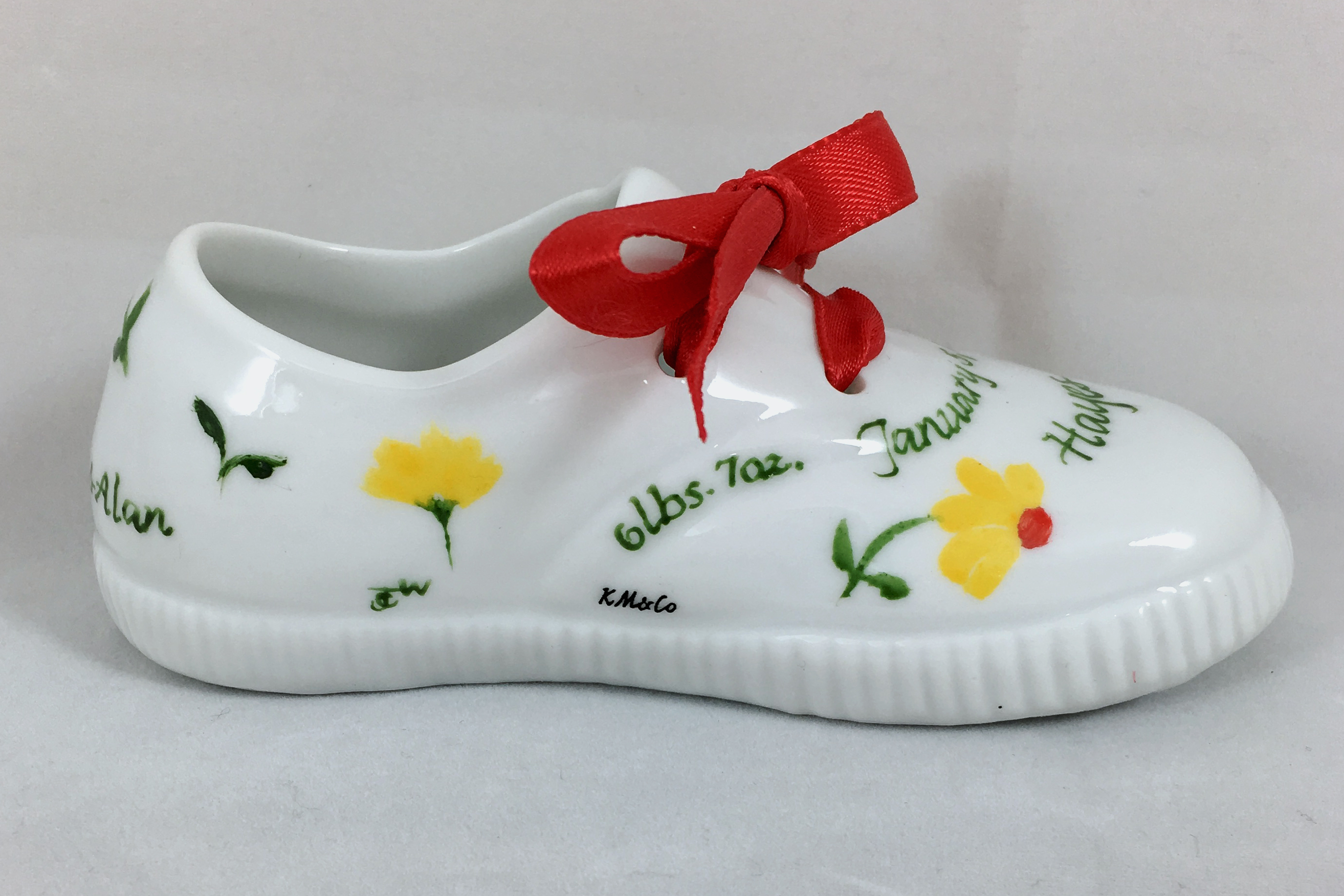 Hand Painted Personalized baby shoes in porcelain