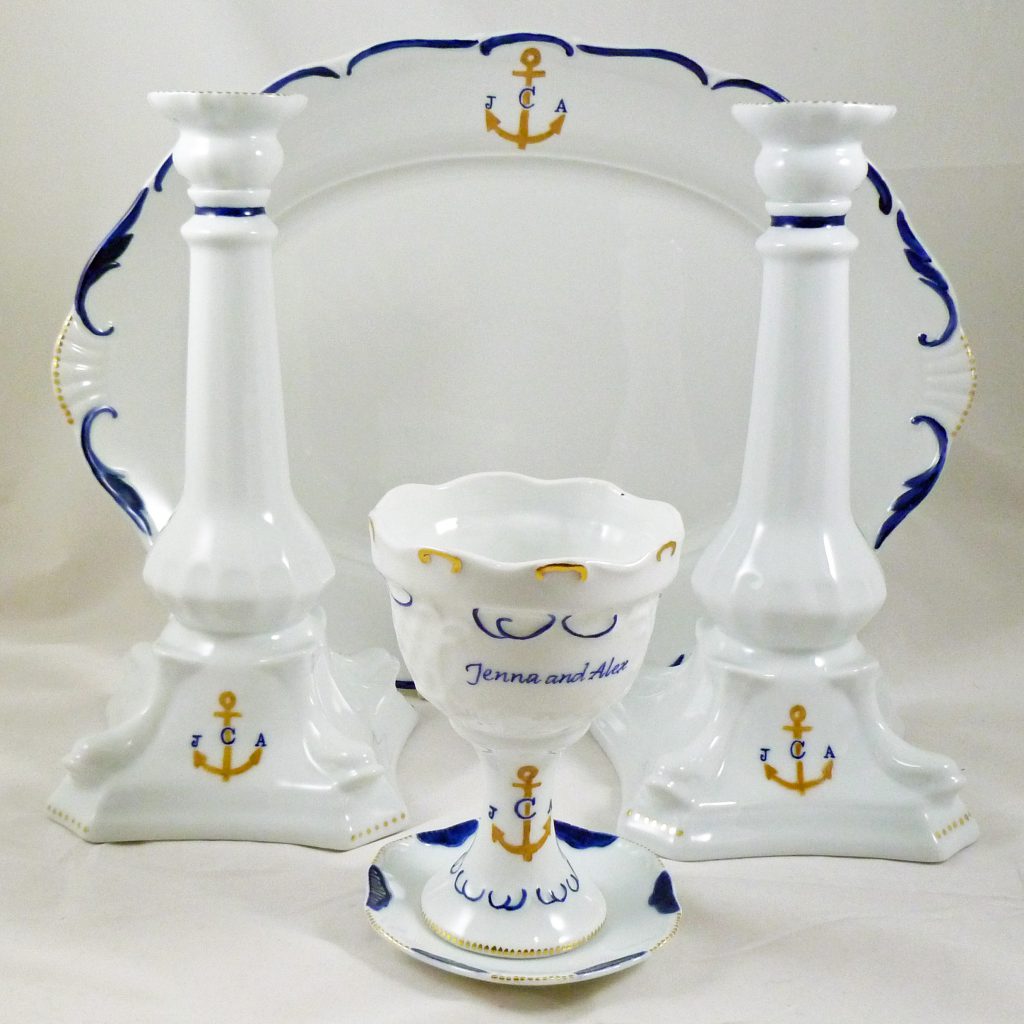 hand painted personalized porcelain judaica Wedding Set with Kiddush Cup, Candleholders and Challah Tray