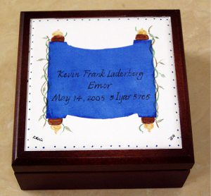 Hand Painted Personalized Judaica wood box porcelain Bar and Bat Mitzvah Celebration