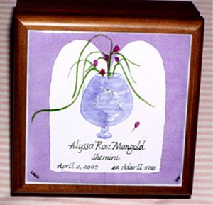 Hand Painted Personalized Judaica wood box porcelain Bar and Bat Mitzvah Celebration