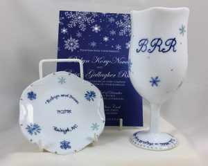 Hand painted, personalized Wedding Kiddush Cup Set in porcelain, designed to match invitation