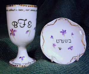 Hand painted, personalized Wedding Kiddush Cup Set in porcelain