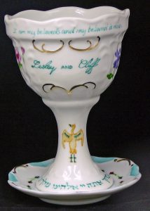 Hand painted, personalized Wedding Kiddush Cup Set in porcelain