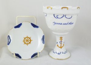 Hand painted, personalized Wedding Kiddush Cup Set in porcelain